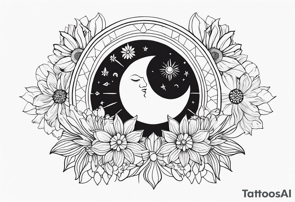 Sun and moon spiritual tattoo for an arm sleeve with a mandala and flowers tattoo idea