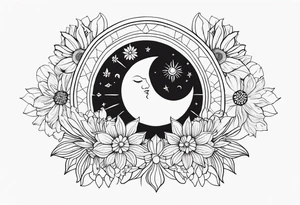 Sun and moon spiritual tattoo for an arm sleeve with a mandala and flowers tattoo idea