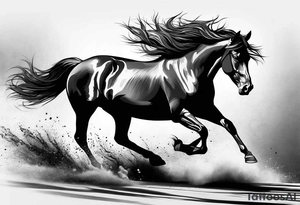 Mustang horse running along blood stomping tattoo idea