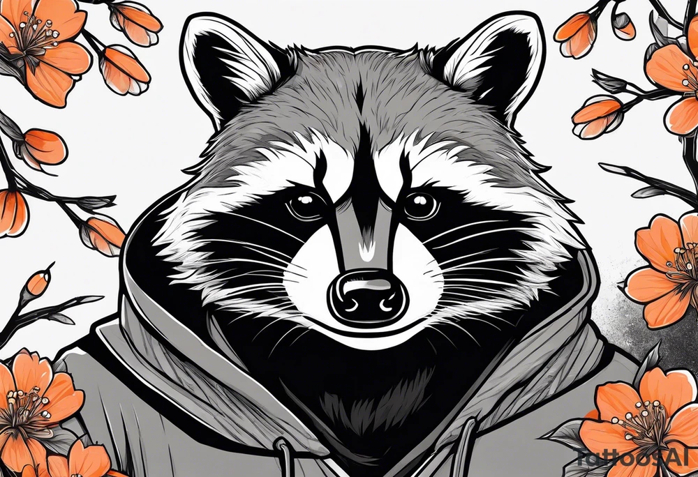 Raccoon wearing a white Superman logo on a black hoodie and orange Japanese cherry blossoms tattoo idea