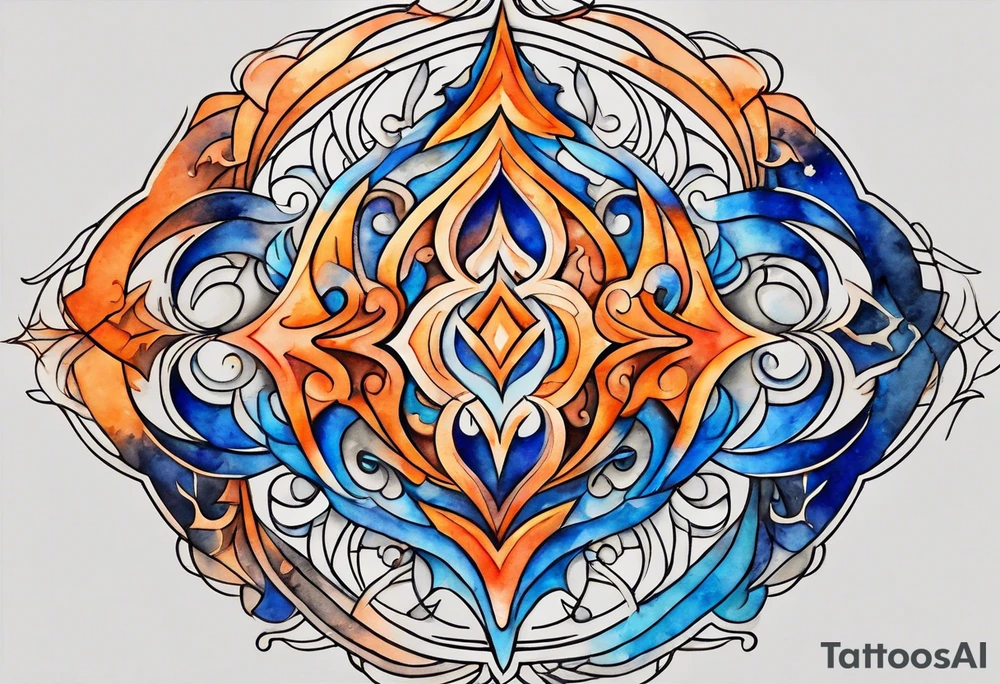Twin flame symbol with blue and orange fire. Intricate lining and watercolor paint for the fire. Make it a small tattoo. tattoo idea