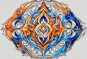 Twin flame symbol with blue and orange fire. Intricate lining and watercolor paint for the fire. Make it a small tattoo. tattoo idea