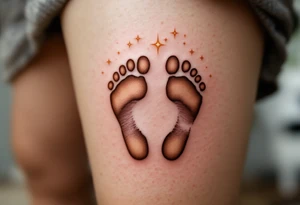 Warm brown and cream footprints of Michaela, with tiny twinkling stars above, representing her bright, guiding light. tattoo idea