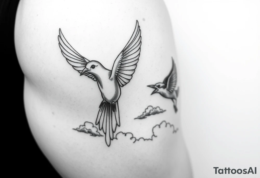 Dove and a blue jay, clouds, shining light to or from heaven tattoo idea