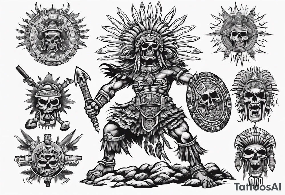 aztec death god warrior fighting as the sun in going in the air tattoo idea