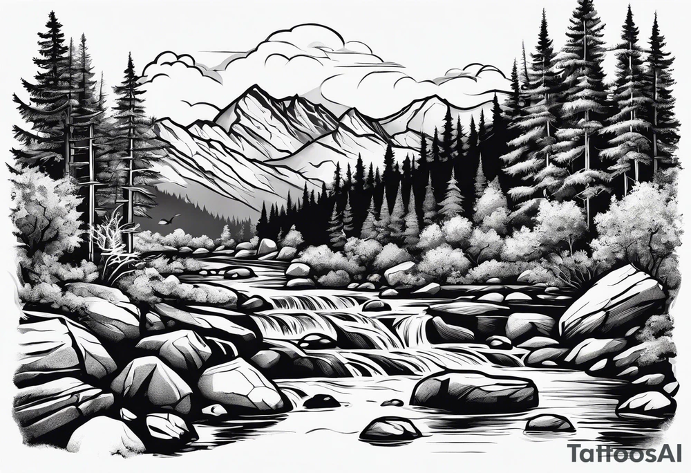 river running through rocks and mountains tattoo idea