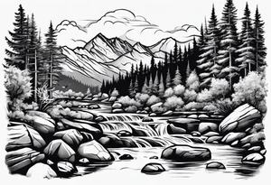 river running through rocks and mountains tattoo idea