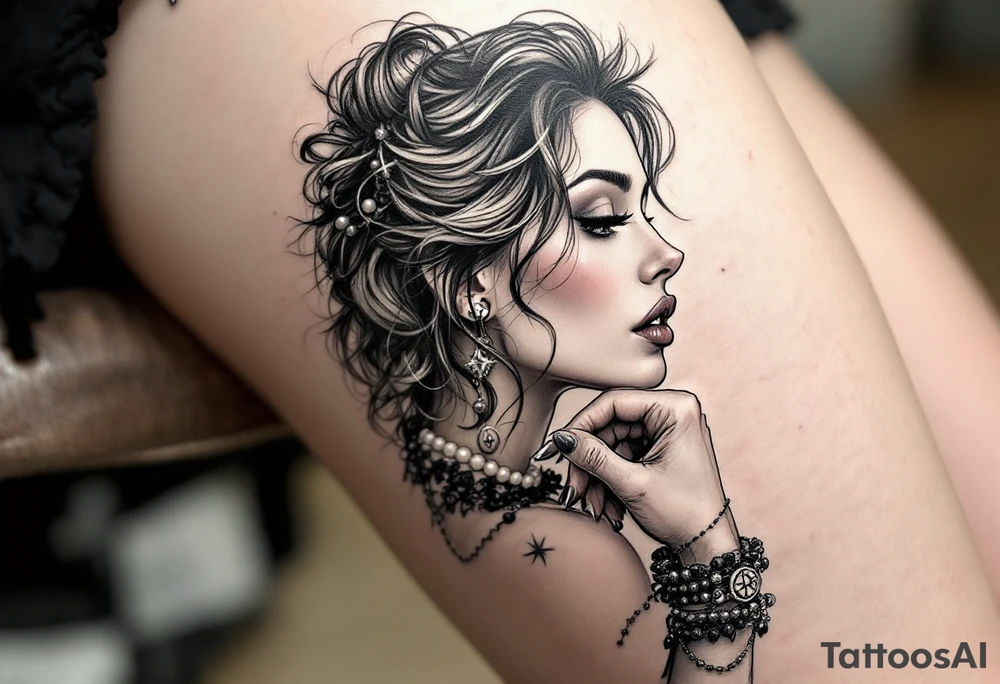 Profile of sexy woman with messy hair 
,resting chin on fist 
, mouth open  , lace, lipstick,  pearls 
compass and gun hand with rosary wrapped around hand tattoo idea
