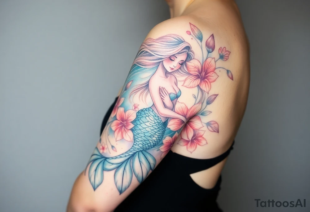 ethereal mermaid with flowing hair among coral and sea flowers tattoo idea