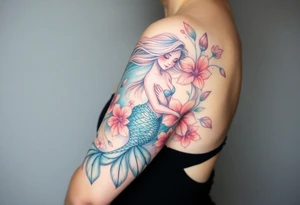 ethereal mermaid with flowing hair among coral and sea flowers tattoo idea