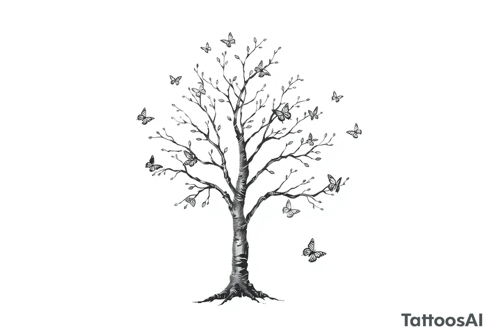 birch tree with leaves and butterflies around it tattoo idea