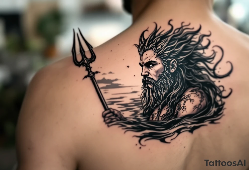 young poseidon, with trident, in water, looking at the horizon tattoo idea