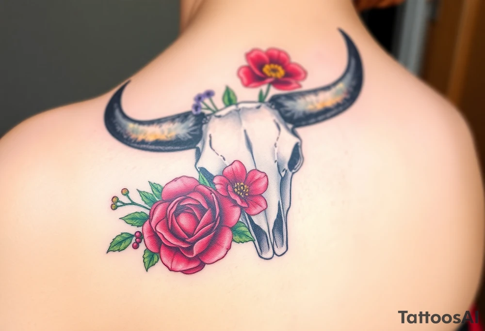 Buffalo or bison skull with flowers. Snow drop and red peony. Green holly with red berries, purple larkspur, red peony.  Colour. For upper arm or shoulder. tattoo idea