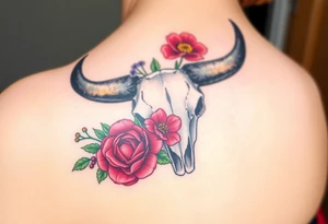 Buffalo or bison skull with flowers. Snow drop and red peony. Green holly with red berries, purple larkspur, red peony.  Colour. For upper arm or shoulder. tattoo idea