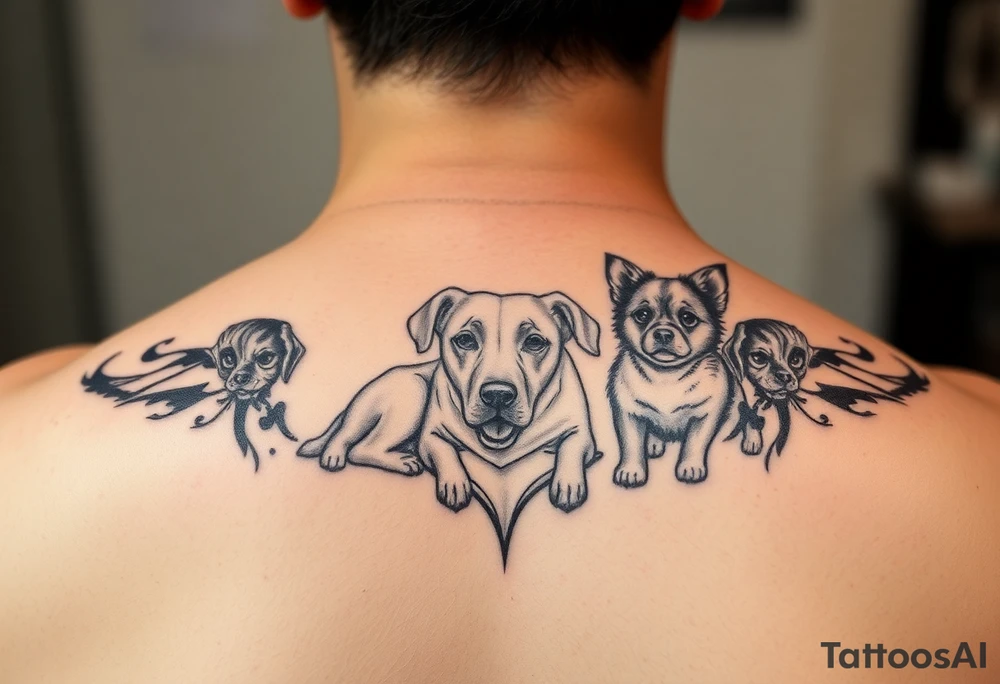 I would like a tattoo that represents our 2nd life following an accident. My husband, Elex, my son Evan, our nephews Sixtine and Diego and Cookie my dog. tattoo idea