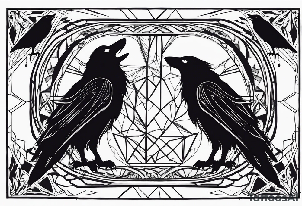 raven and wolf facing the front tattoo idea