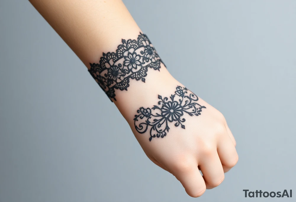 A delicate black lace band wrapped around the wrist, featuring intricate floral and filigree patterns tattoo idea