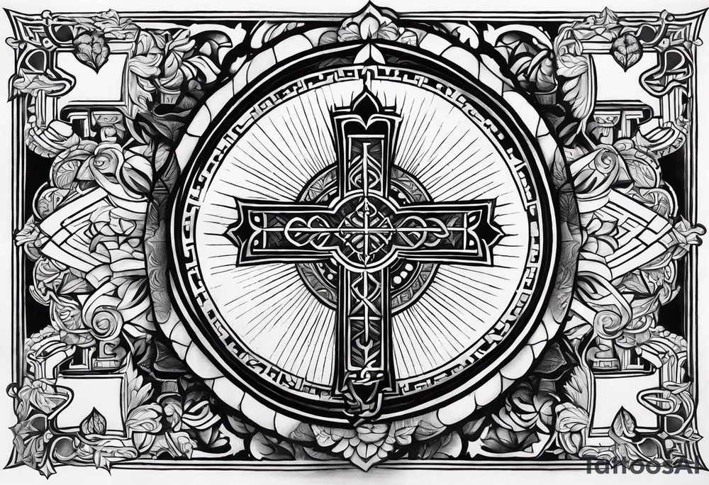 Forearm tattoo cross with rays of sun and
 a Bible verse Jeremiah 29:11 tattoo idea