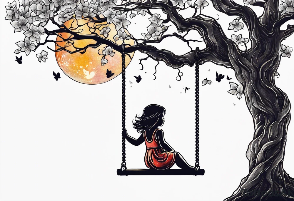 little girl swinging under a tree of life tattoo idea