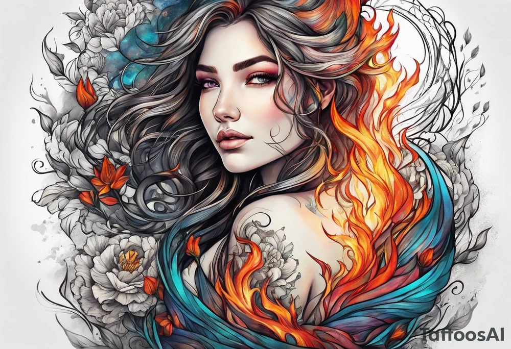 Resurrection strength and courage Beautiful Woman walking through fire and chaos to inner peace and self-love  ethereal tattoo idea