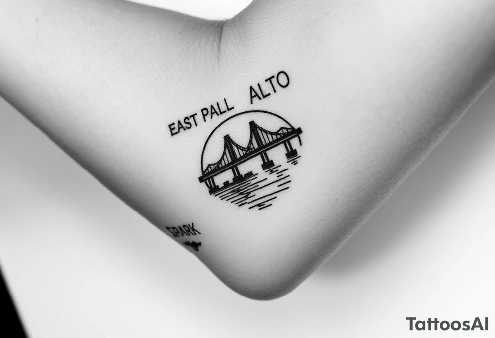 “East Palo Alto” city sign and “Newark” city sign on opposite sides of a bridge going across water in California with skulls and money and  scarface tattoo idea