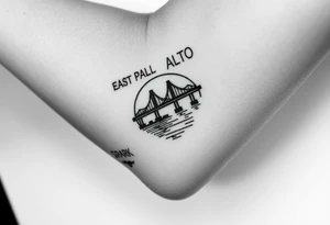 “East Palo Alto” city sign and “Newark” city sign on opposite sides of a bridge going across water in California with skulls and money and  scarface tattoo idea