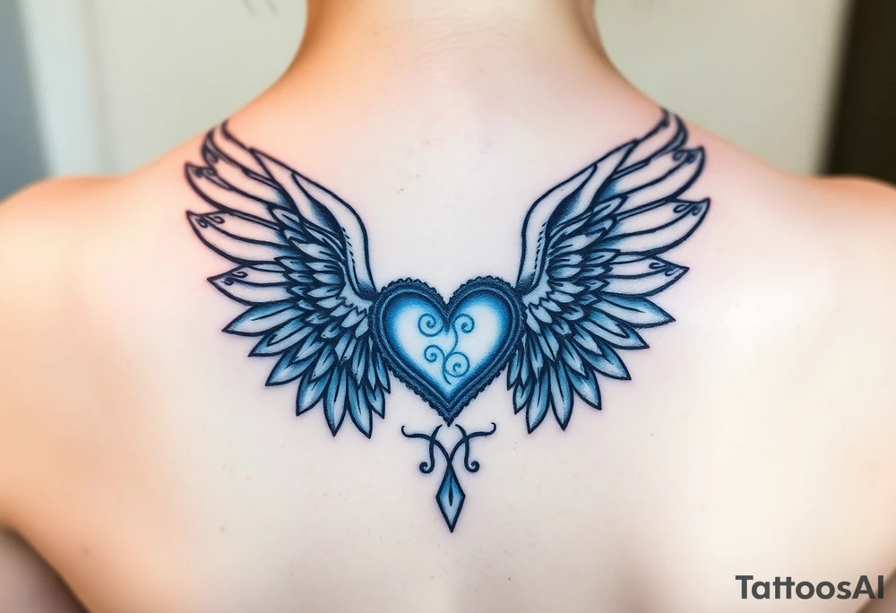 Angel wings, blue, heart tattoo idea