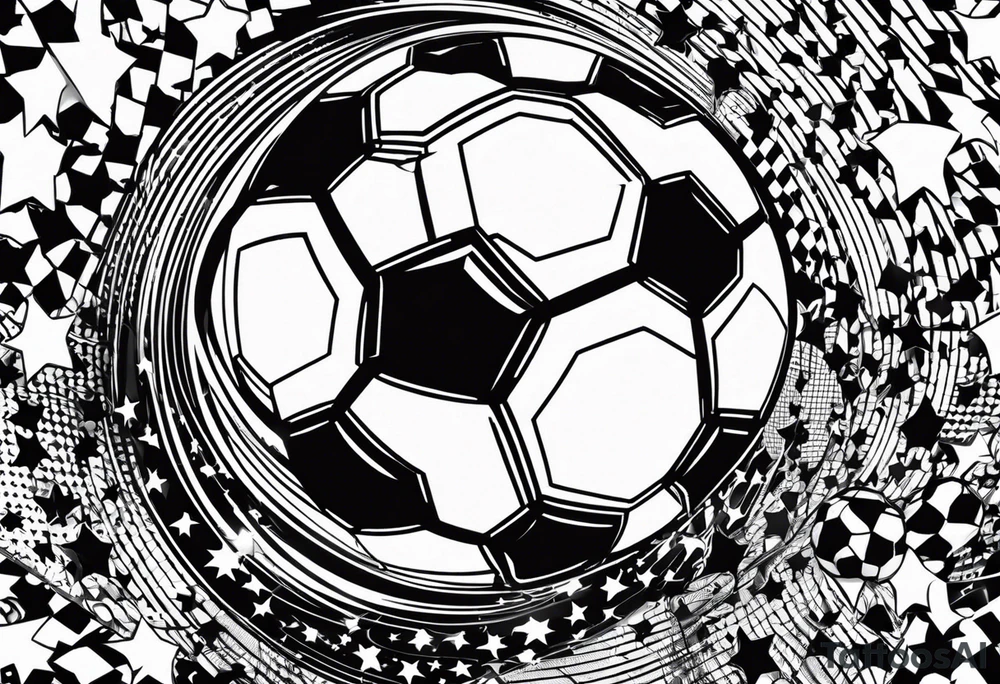 Un tatuaje en blanco y negro de un rayo estilizado que atraviesa la imagen en diagonal. Dentro del rayo, hay un balón de fútbol, manteniendo el mismo estilo de cómic con líneas gruesas y sombreados. El diseño debe conservar la misma disposición y sensación de movimiento, con el balón de fútbol ocupando el lugar central dentro del rayo. tattoo idea