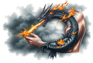 fierce dragon breathing iridescent fire against stormy skies tattoo idea