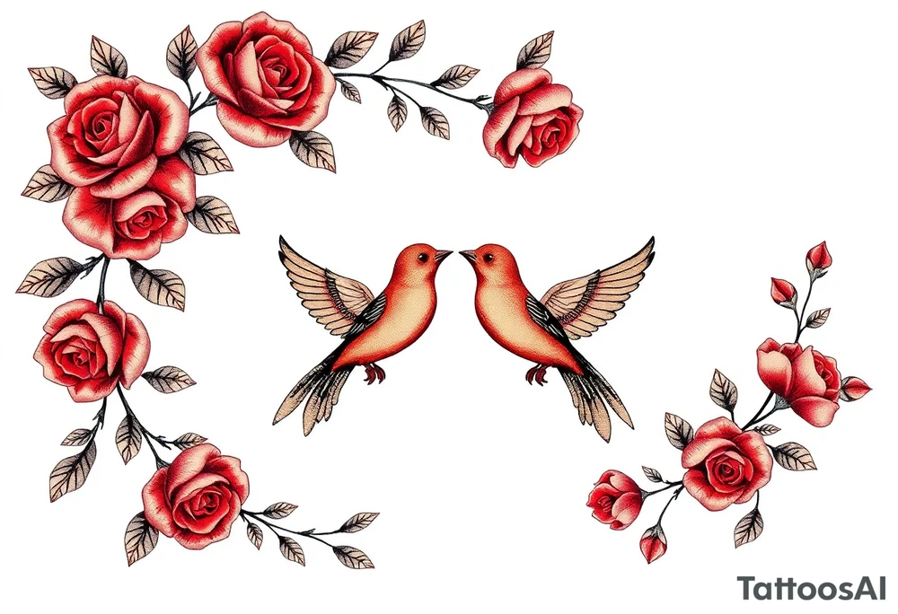 Vintage lace, red roses, red birds, vintage, wrap around, tighter together, no space open tattoo idea
