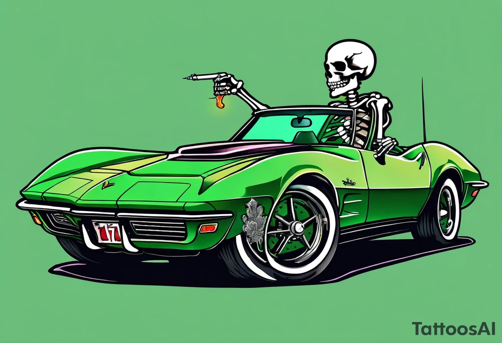 Skeleton smoking a cigarette driving a green 1976 convertible Corvette tattoo idea