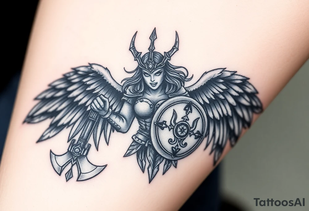 A fierce looking Valkyrie with very big dark wings. The whole body should be visible. 
She's wielding a menacing axe and a sturdy shield with a vegvisir symbol. 

Her face is screaming with battle rage.

She's heavily armored and ready for battle tattoo idea