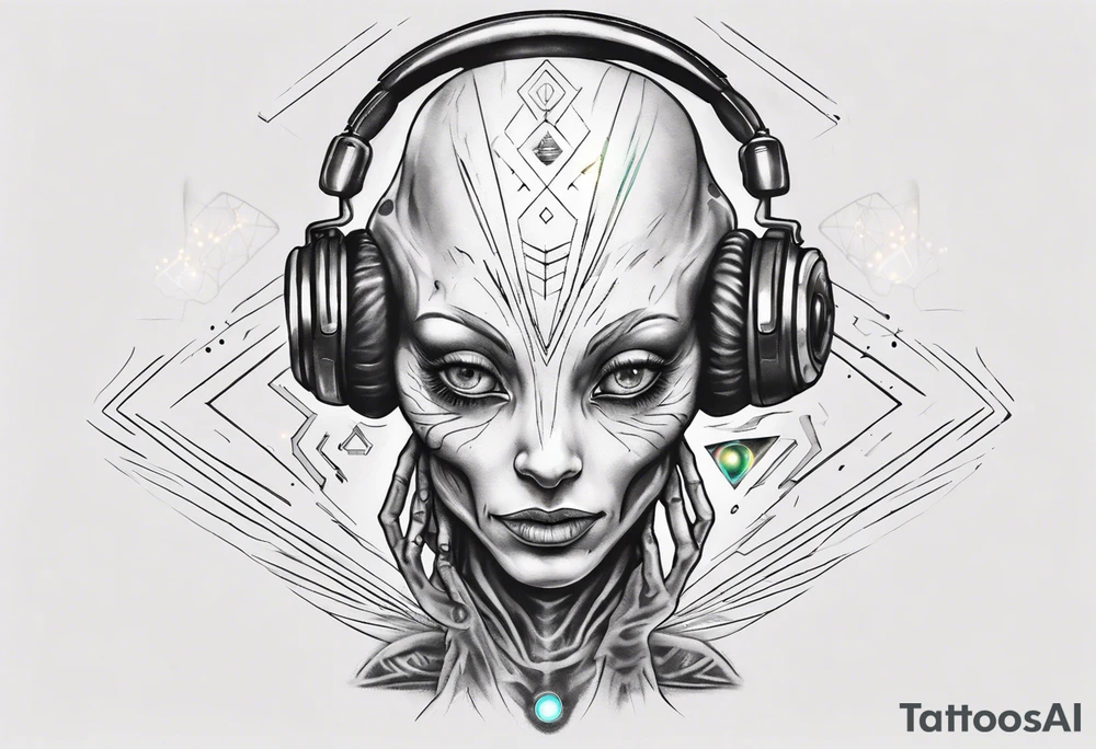 A realistic portrait of an extraterrestrial DJ with a glowing pineal gland tattoo idea