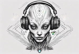 A realistic portrait of an extraterrestrial DJ with a glowing pineal gland tattoo idea