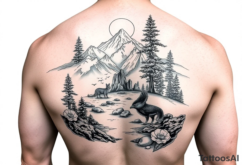 Create a scenic nature half sleeve for a man. Add lots of details including animals. tattoo idea