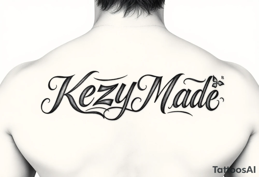A fancy but rugged intertwined curvy lettering that would be clothing brand style that says (KeEzY MadE) tattoo idea