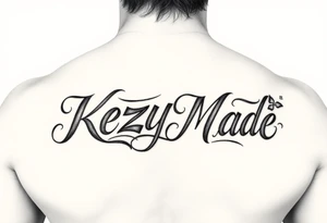 A fancy but rugged intertwined curvy lettering that would be clothing brand style that says (KeEzY MadE) tattoo idea