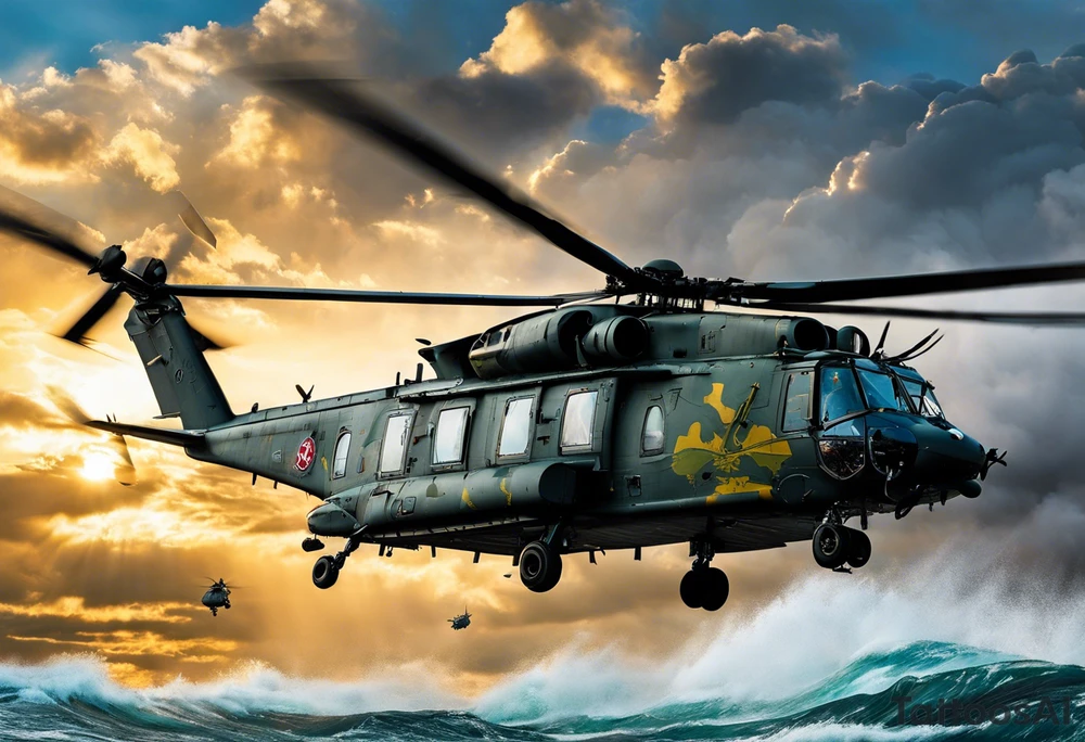 A cinematic-style tattoo depicting a Canadian military CH-148 Cyclone helicopter performing a daring maneuver over a turbulent ocean. The sky should be filled with dramatic clouds, and the sun should be setting, casting long shadows. The helicopter should be the main focus, with intricate details and a sense of motion. In the background, a poppy should be prominently displayed, and a quote from 'Lest We Forget' should be included, black and white tattoo tattoo idea