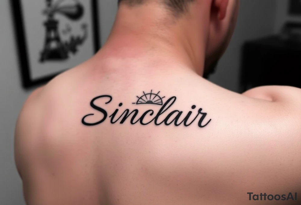 Arm/wrist tattoo. The word Sinclair in cursive writing. I want a half sun at the S tattoo idea