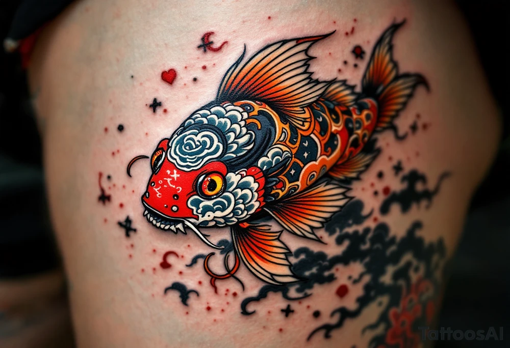 Tattooed Koi with Japanese Motifs – A koi fish covered in traditional Japanese tattoos across its own body, combining modern and ancient symbolism. tattoo idea