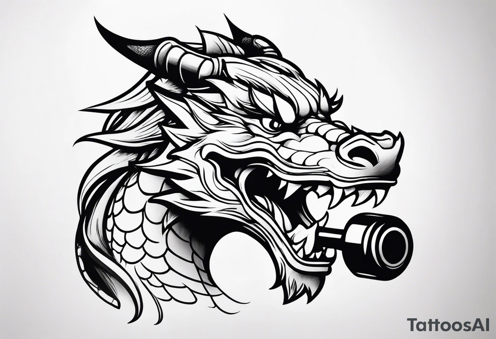 Simple Dragon with dumbbell in mouth tattoo idea