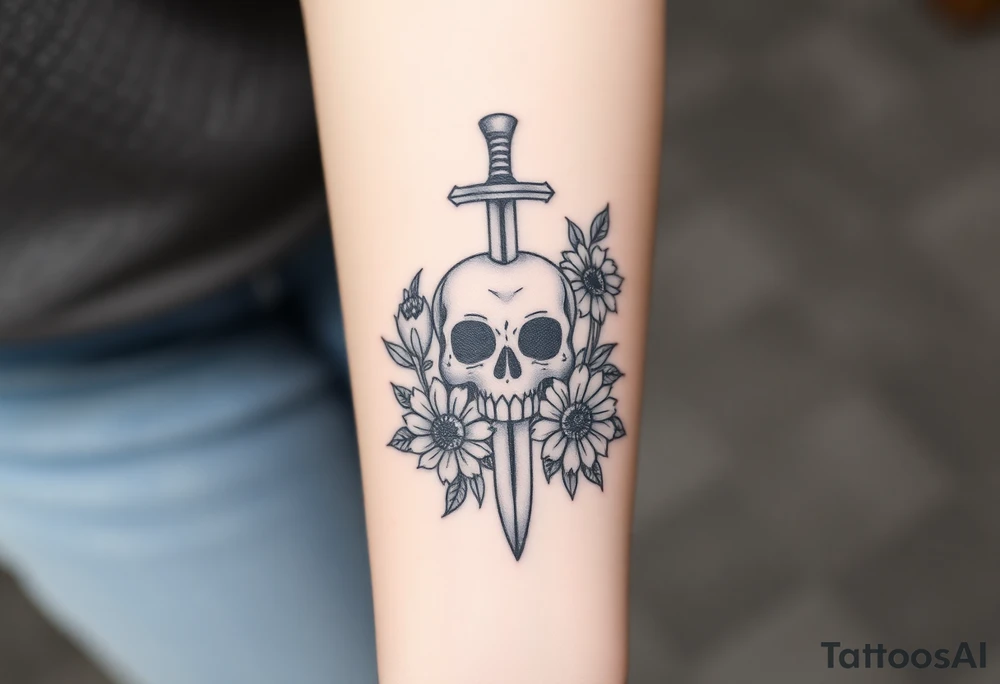 Skull, heart and dagger with roses and sunflowers tattoo idea