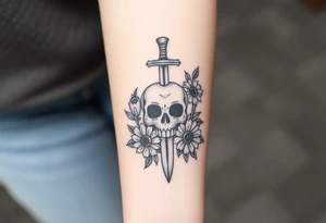Skull, heart and dagger with roses and sunflowers tattoo idea