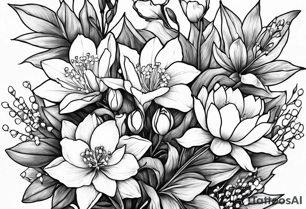 Larkspur, Lily of the valley, water, lily, Hawthorne, flower, carnation, snowdrop flower half sleeve tattoo idea