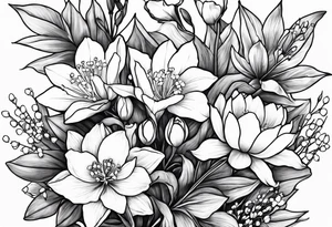 Larkspur, Lily of the valley, water, lily, Hawthorne, flower, carnation, snowdrop flower half sleeve tattoo idea