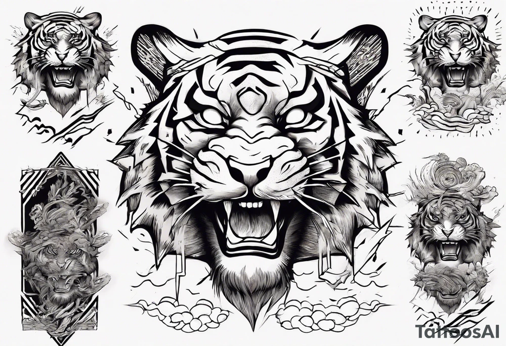 Ancient tiger with lightning and a sun for a forearm sleeve. With patterns surrounding it tattoo idea