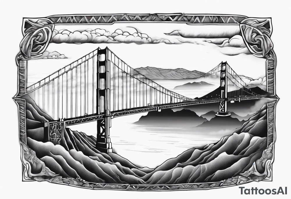 Golden Gate Bridge with fog rolling in with Marin hills in the background tattoo idea