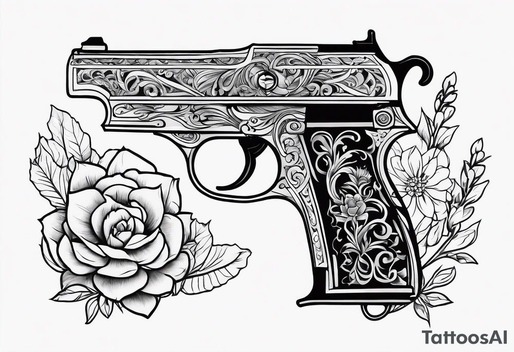 Western pistol with western filigree and floral or succulent accents for forearm sleeve tattoo idea