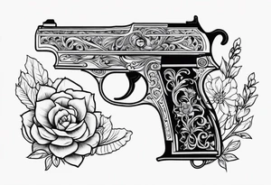 Western pistol with western filigree and floral or succulent accents for forearm sleeve tattoo idea