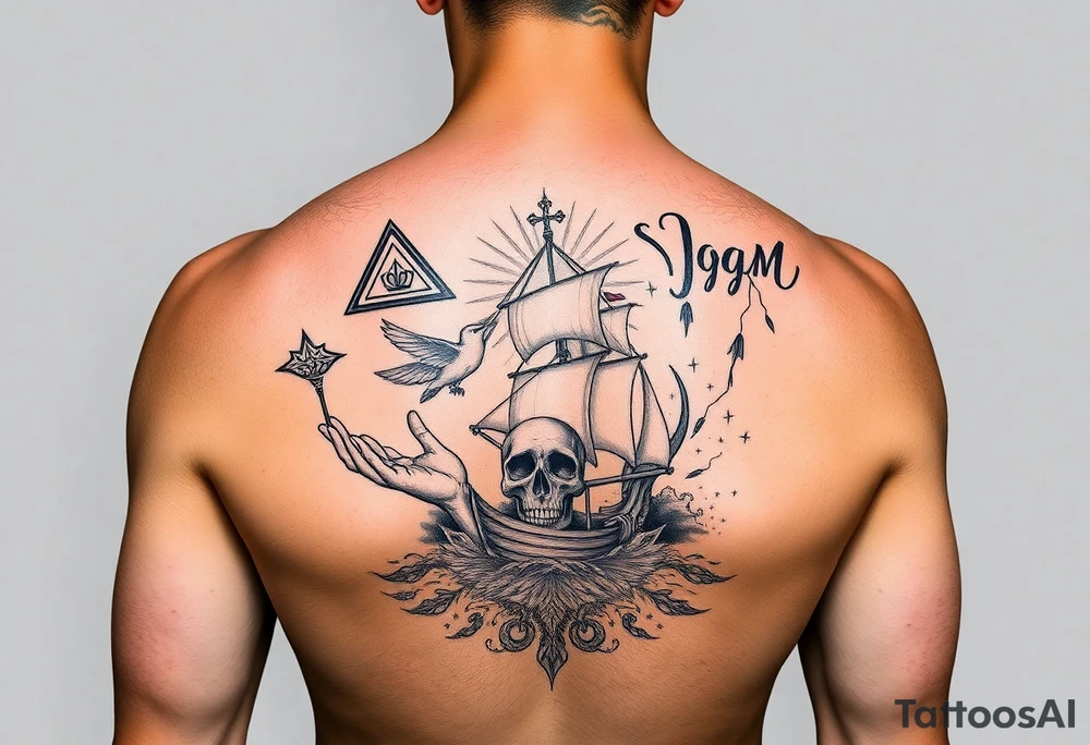 make a seamless sleeve design for a left arm from top of shoulder to wrist in fine line art that includes the images: candlestick, triangle, open hands, light, crown, a path, jacob wrestling with God, skull, ocean, bison, shepherd crook, dove, electricity, ship on the sea tattoo idea